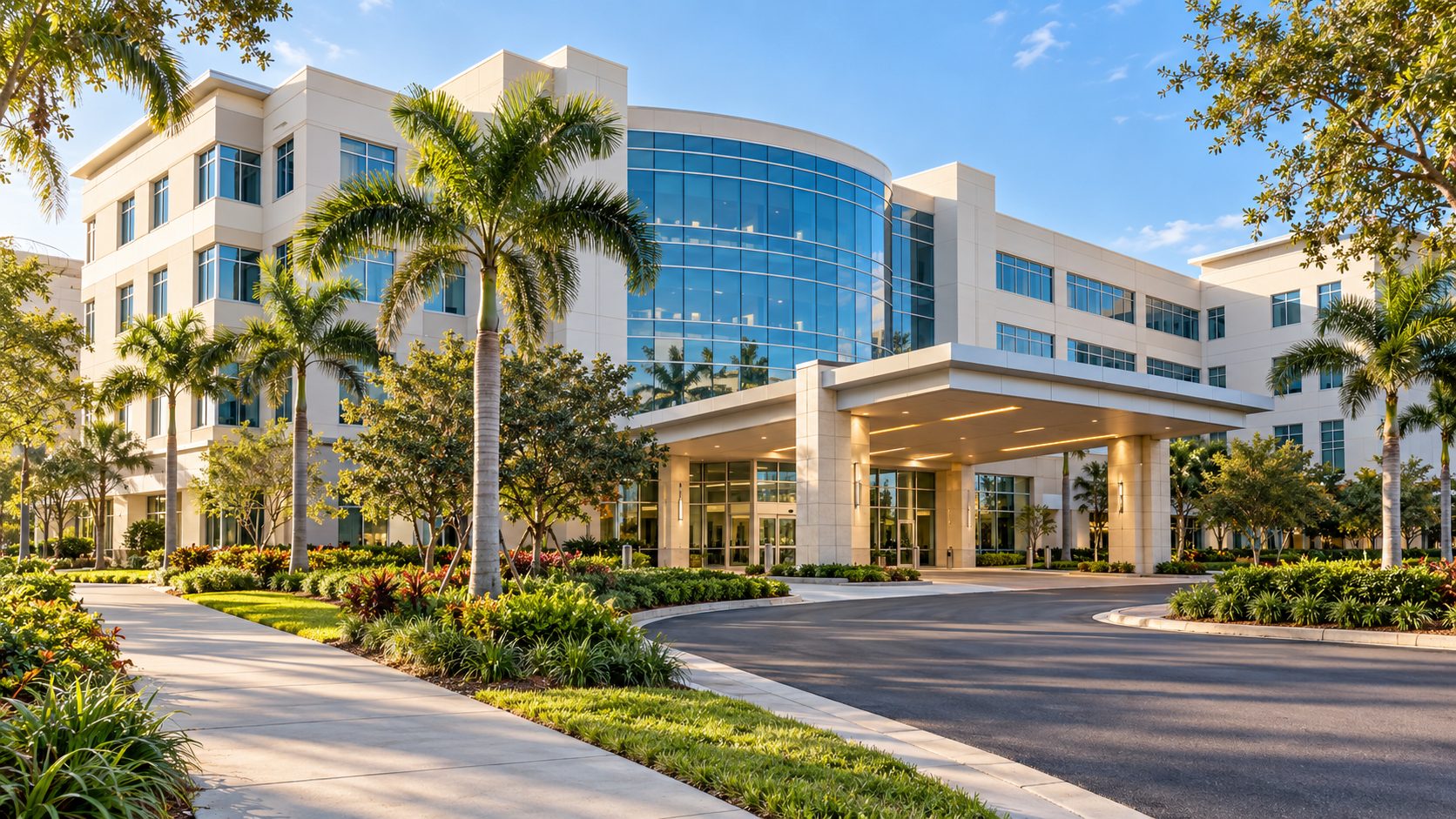 Illustration of a modern hospital campus with a covered entrance, blue glass windows, and palm-lined landscaping.
