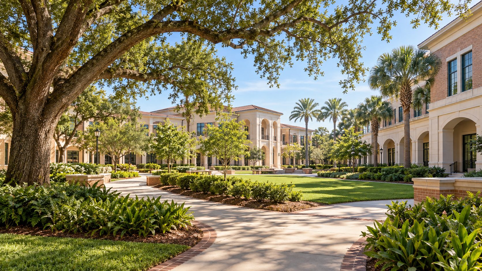 Illustrated school campus with shaded walkways, oak trees, palm trees, and a landscaped courtyard.