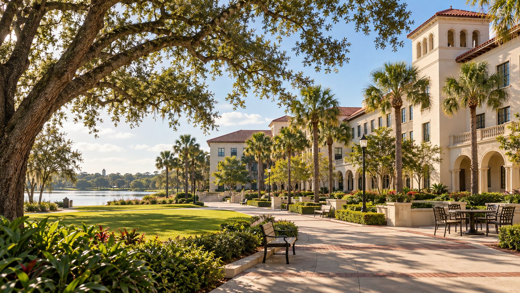 Illustration of a lakeside college campus with academic buildings, oak trees, palms, and landscaped walkways.