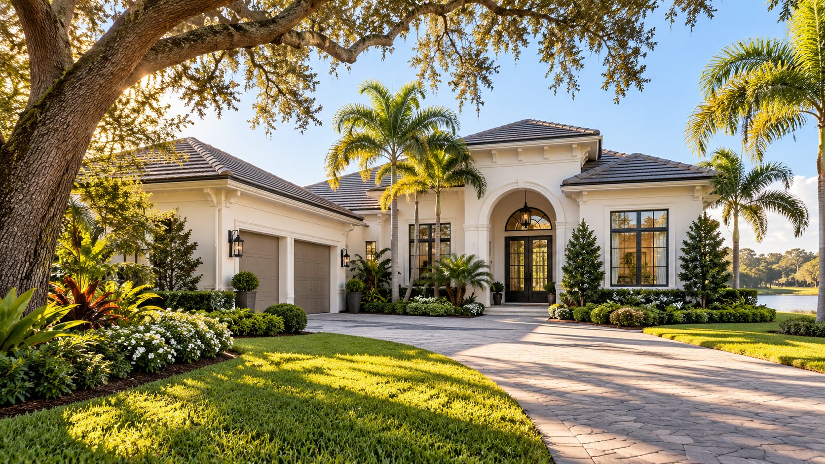 White stucco Central Florida home with palm trees, mature oak landscaping, and a paved driveway.